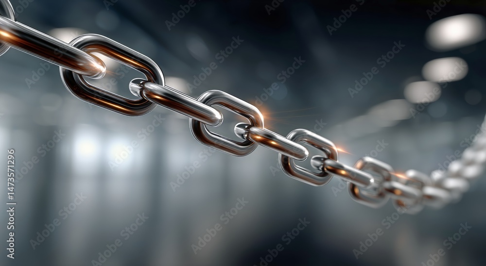 Fototapeta premium Metal Chain Links Arranged in a Row Glowing Under Bright Light