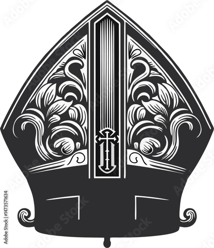 Baroque Bishop Mitre Hat with Cross – Vintage Engraved Style Religious Headdress Vector Illustration