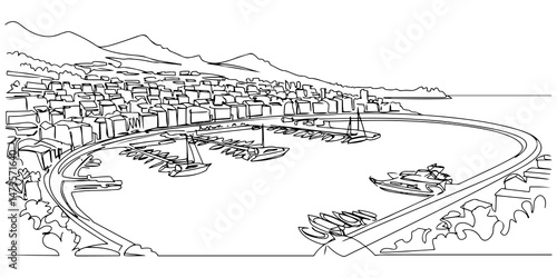 Line drawing shows a harbor with buildings along the shore and boats in the water. vector illustration