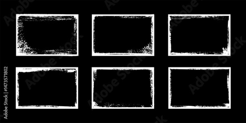 White frames with worn paper effect on black background. Textured rectangles with old, grunge, grainy, vintage, worn, dust effect. Simple object mockup. Realistic vector illustrations set.