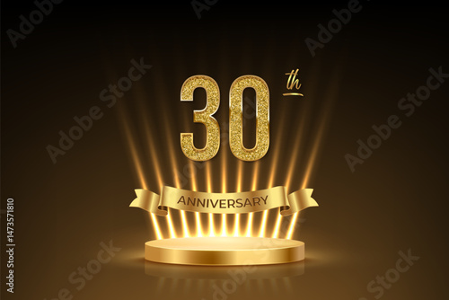Thirtieth anniversary gold award podium. 30 years celebration birthday or jubilee golden vector background. Luxury stage with glowing rays, glittering number 30, ribbon with text anniversary on black.