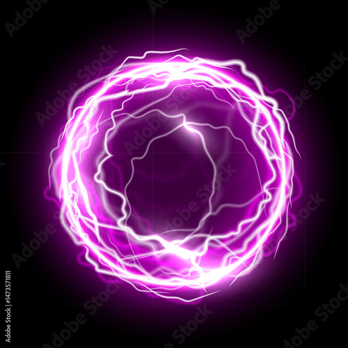 Light energy ball. Glowing purple power sphere with electric lightning effect on black background. Futuristic plasma ball, magic orb, game portal. Abstract vector illustration.