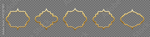 Golden Islam Ramadan frames. Vintage Arabian, Indian, Turkish decorative shapes isolated on transparent. Ornamental border set with classic arabesque shapes. Realistic vector illustrations collection.