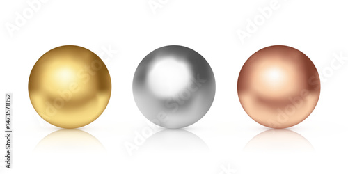 Metal balls. Gold, silver, bronze metallic spheres with reflections and shadows. First, second, third place awards or medal concept. Realistic vector illustration.