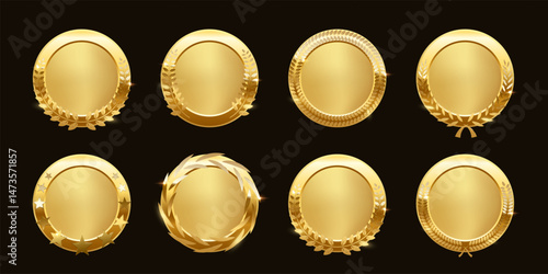 Gold award medals with laurel wreath. 3d golden metal winner emblem. Round button, stamp, frame, seal, badge, prize, trophy design element. Vector illustrations set isolated on black.