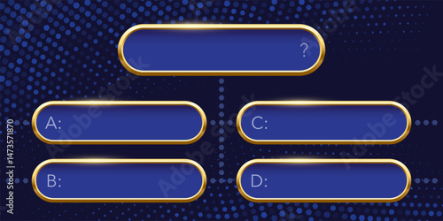 Quiz template. Trivia game layout. Question and answer blue frames with golden border for TV show or social media. Multiple choice test. Vector illustration isolated on abstract blue background.