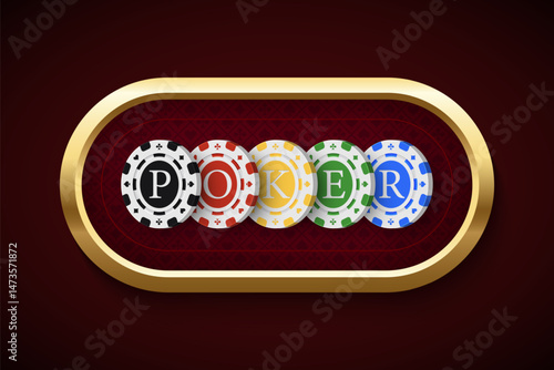 Poker red table background. Casino pattern for blackjack. Playing field with POKER word made of colorful casino chips in golden frame. Realistic vector illustration.