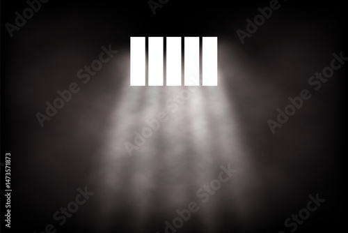 Light rays shining through prison bars in darkness with fog or smoke effect. Jail window background. Abstract vector illustration.