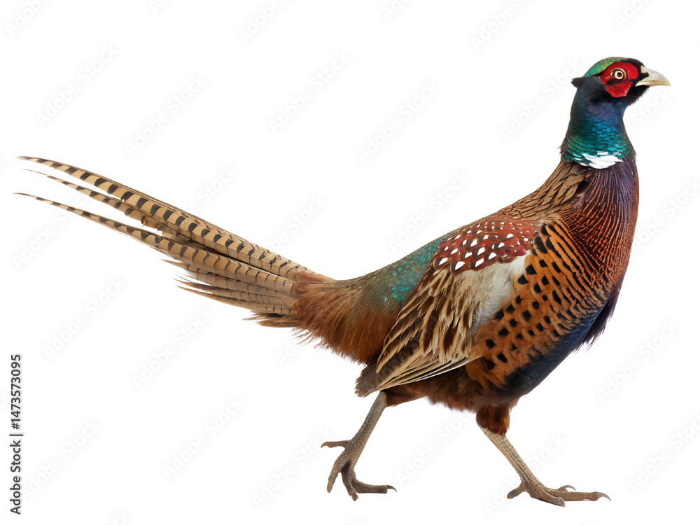 Fototapeta premium Portrait of a Colorful Ring Necked Pheasant Isolated on transparent background cutout, PNG file, Cutout file