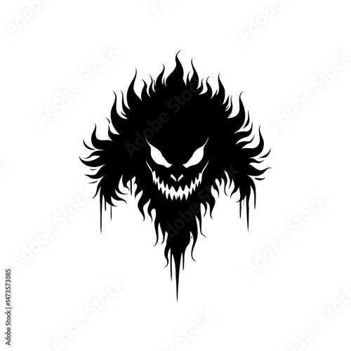Eerie silhouette illustration of a monstrous visage with menacing glare and jagged teeth