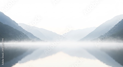 静謐な湖、柔らかな朝霧が山々を包む. AI Generated