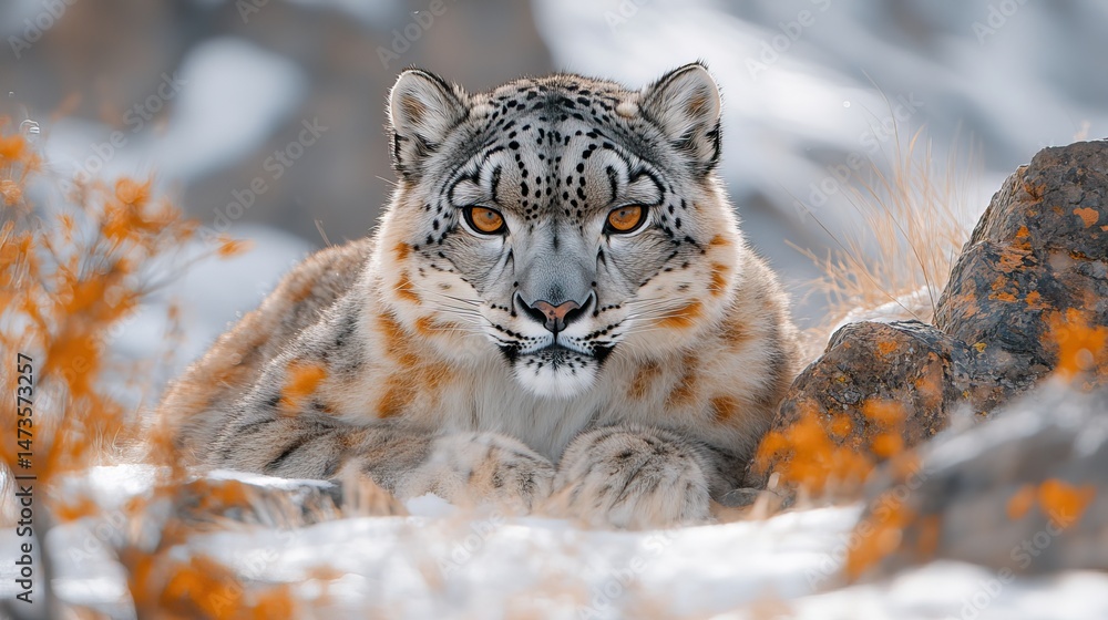 Obraz premium A majestic snow leopard with its thick, patterned fur perfectly camouflaged against the rocky, snow-covered mountains in its natural habitat