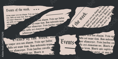 Newspaper cut paper collection. Trendy retro vintage rip torn set, notebook sheet, y2k elements for collage, sticker, grunge texture, poster, business. Old gazettes piece. Isolated Vector illustration