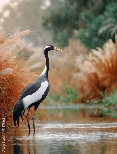 Majestic Crane Stands in Tranquil Waters Surrounded by Vibrant Autumn Foliage