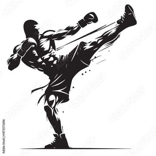 Kickboxing (Hybrid - combines boxing and martial arts kicking) Silhouette line art vector illustration on white background