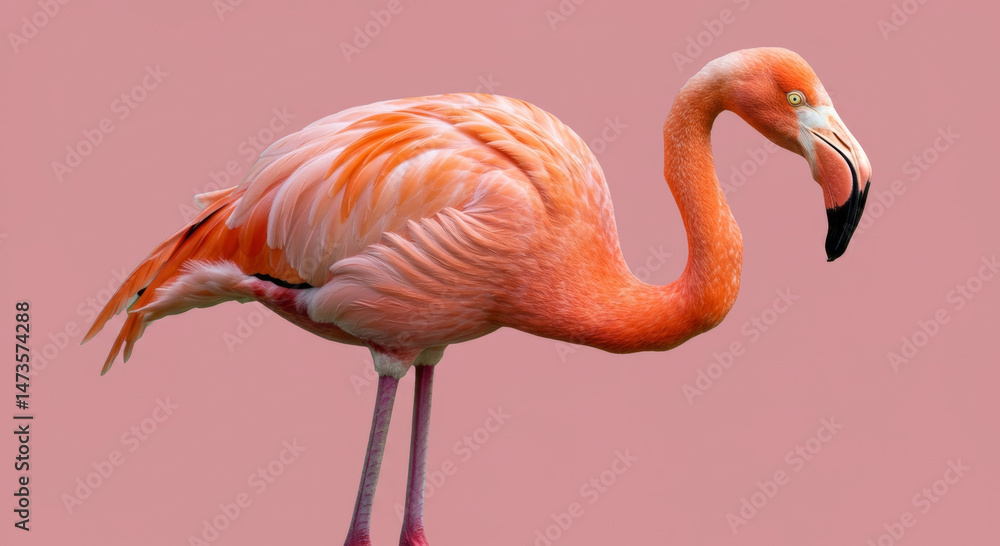Obraz premium Pink flamingo, with vibrant plumage, standing in profile view against a solid pink background. Wildlife subject in a zoological setting.
