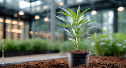 Young Cannabis Plant Growing in Indoor Greenhouse With Natural Light and Lush...