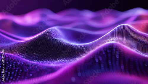 Abstract, digital, undulating landscape of shimmering purple and pink, with subtle, textured waves and glowing particles