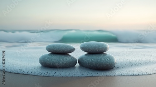 A minimalist composition featuring smooth, grey stones stacked in perfect balance on a sandy beach, with gentle waves washing ashore in the background Serenity and harmony