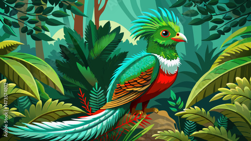 Resplendent Quetzal, Pharomachrus mocinno, from Chiapas, Mexico with green forest background. Tropic bird. Magnificent sacred green and red bird. Detail forest hidden Resplendent Quetzal. Very beautif