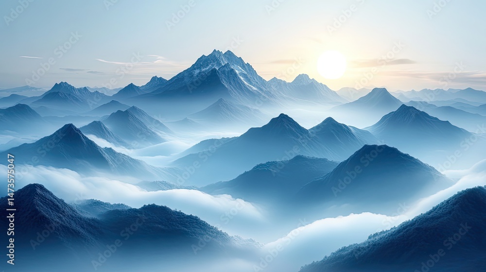 A misty mountain range with layers of peaks fading into the distance, shrouded in fog and illuminated by the soft glow of the rising sun A misty mountain range with layers of peaks fading into the distance, shrouded in fog and illuminated by the soft glow of the rising sun