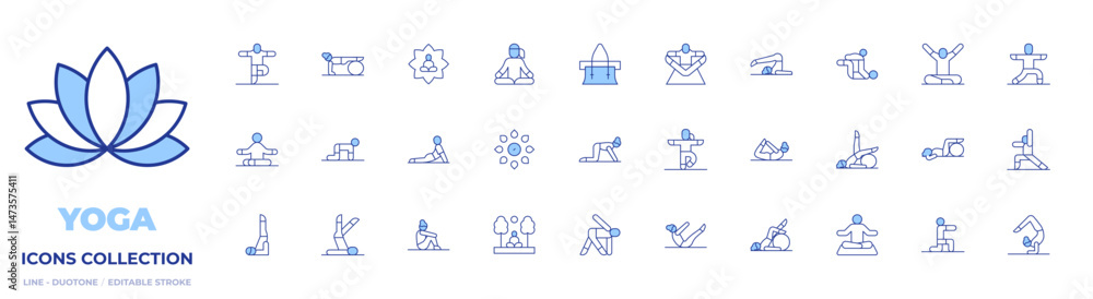 Yoga icons collection. Line Duotone style, editable stroke. viparita karani pose, pilates, relax, sport bag, yoga, nature, chakras, yoga pose, meditation Yoga icons collection. Line Duotone style, editable stroke. viparita karani pose, pilates, relax, sport bag, yoga, nature, chakras, yoga pose, meditation