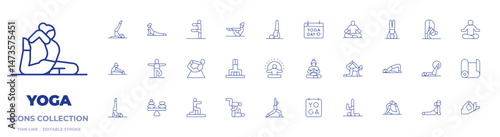 Yoga icons collection. Thin Line icons, editable stroke. stretch, pilates, yoga, yoga mat, yoga pose, yoga position, balance, meditation, posture