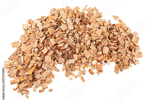 Mixed wooden chips for smoking meat and fish isolated on a white background, top view. Ecological fuel.