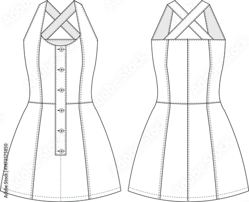 sleeveless strappy strapped halter neck princess darted tailored bodycon fit dress template technical drawing flat sketch cad mockup fashion woman design style model 
