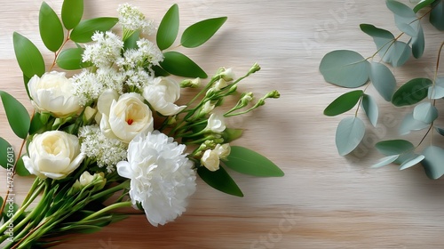 Beautiful Bouquet of White Flowers Arranged on Wooden Surface in Natural Light