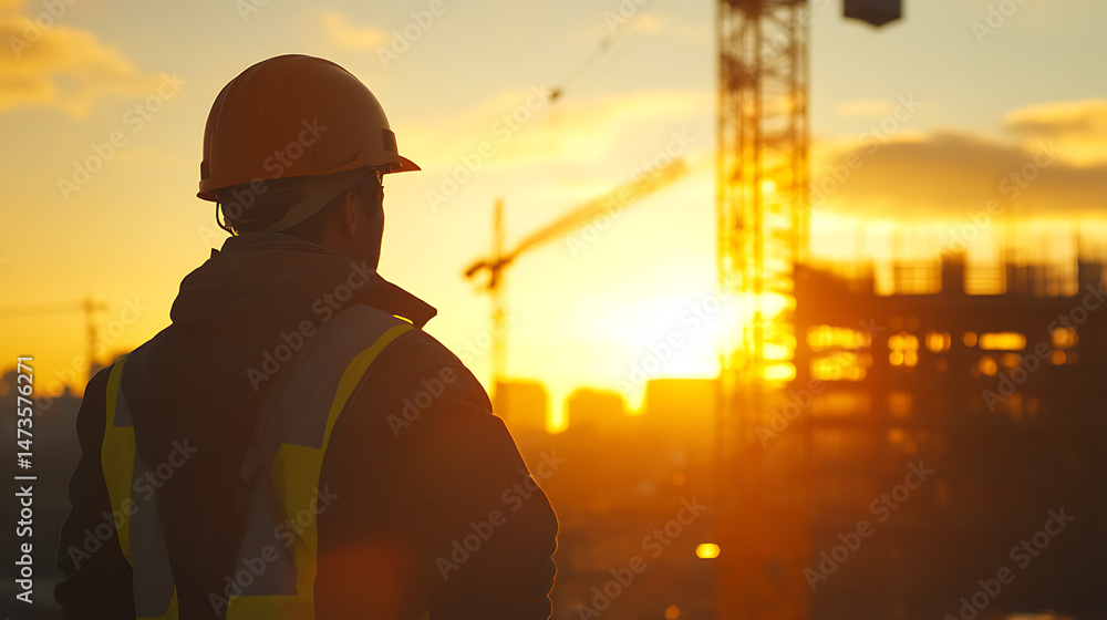 Construction Worker Overlooking Site at Sunset Construction Worker Overlooking Site at Sunset