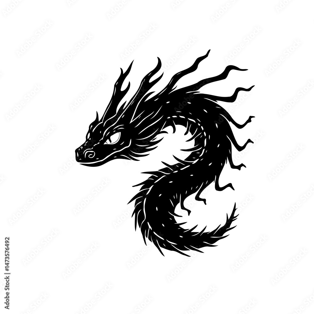 Mystical serpentine creature: Monochrome vector dragon with curling body design Mystical serpentine creature: Monochrome vector dragon with curling body design