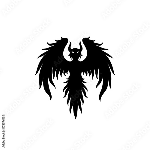 Abstract silhouette of demonic creature design with spreading wings isolated