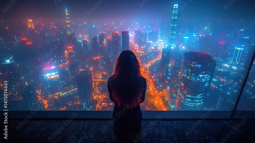 Fototapeta premium A panoramic view of a sprawling cityscape at night, a dazzling array of lights illuminating the towering buildings, a testament to human ingenuity and progress