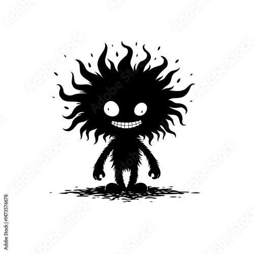 Whimsical shadow figure with bright eyes and gleeful smile on a white background