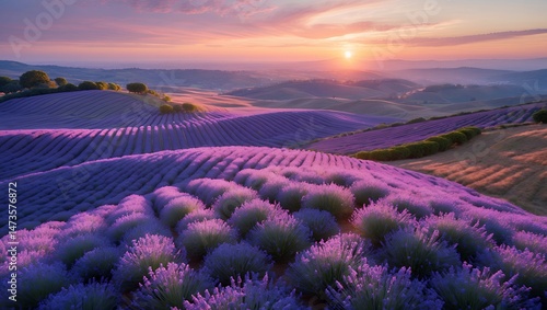 Fototapeta Naklejka Na Ścianę i Meble -  Lavender Field at Sunset Rows of Purple Blooms on Rolling Hills