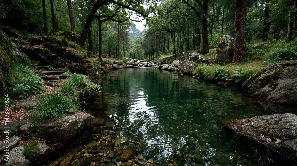 A peaceful forest stream with clear water flowing over smooth rocks, creating a soothing and natural soundscape in a tranquil setting A peaceful forest stream with clear water flowing over smooth rocks, creating a soothing and natural soundscape in a tranquil setting