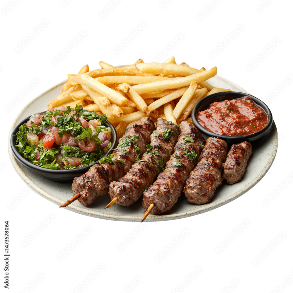 Meal at M restaurants, photo of a kebab plate with pita bread and French fries Meal at M restaurants, photo of a kebab plate with pita bread and French fries