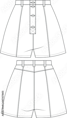 mid rise mid waist high rise waist buttoned denim jean short template technical drawing flat sketch cad mockup fashion woman design style model 
