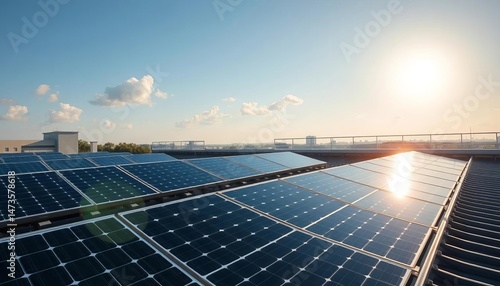 Modern solar battery rooftop installation, sunny day, photovoltaic, modern