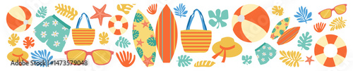 Set of Spring Summer Beach, Tropical Holiday Elements Vector Illustration. Beach towel, swim shorts, sunglasses, flip-flops, sun hat, beach bag, beach ball, tropical leaves, and starfish