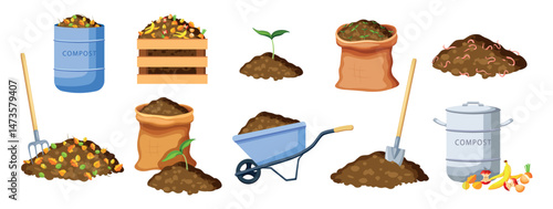 Set of compost in cartoon style. Vector illustrations: container, bags, sprouts in the ground, shovel,rake,wheelbarrow, eggshell, banana peel, apples,carrots,leaves,worms,isolated on white background.