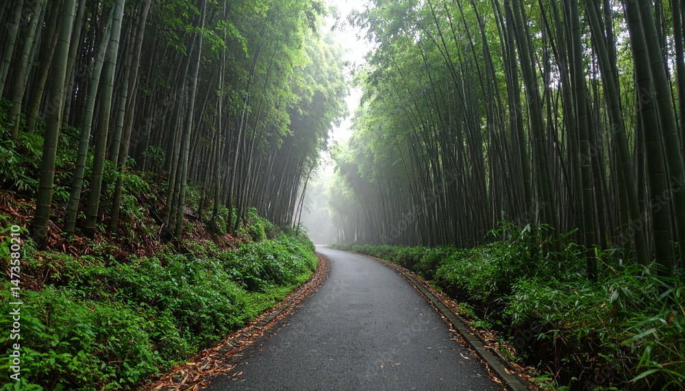 Obraz premium Road winds through lush green bamboo forest, mist hangs in the air creating a tranquil scene