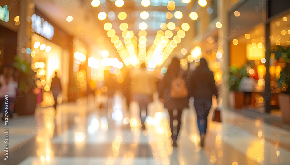 Fototapeta premium A blurred shopping mall scene with glowing lights and people walking, creating a warm and inviting atmosphere