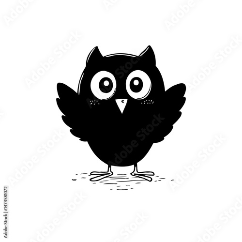 Stylized owl vector illustration with expressive features, simple lines and black fill