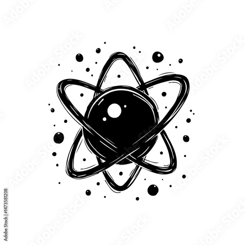 Abstract depiction of atomic structure with orbital paths in black and white