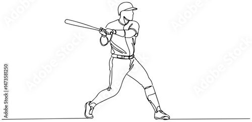One line art of baseball player swinging bat in a dynamic pose. vector illustration