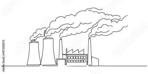 One line art of a factory with smoke billowing from its tall chimneys, air pollution Concept. vector illustration