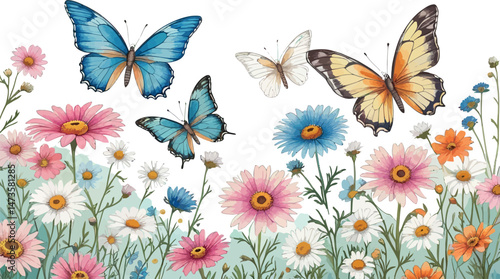 Seamless floral pattern with summer beauty of butterflies and pink flowers on a vintage textured leaf design