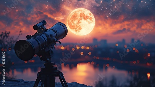 A powerful telescope pointed towards the night sky, focused on the distant moon and countless twinkling stars, inviting exploration of the universe